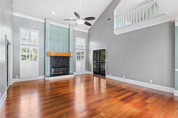 Empty room, Fireplace, Interior, Recessed Lighting, Wood Texture Flooring