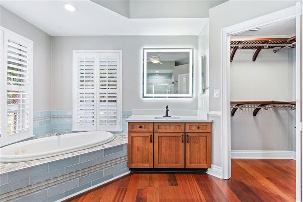 Bathroom, Interior, Recessed Lighting, Wood Texture Flooring