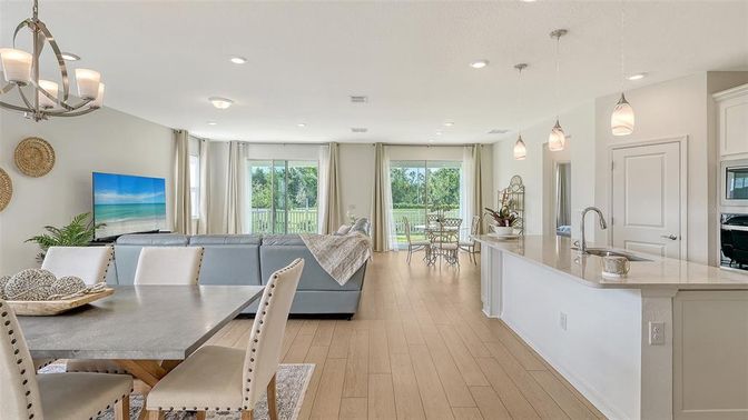 Dining room, Interior, Kitchen, Living room, Pendant Lights, Recessed Lighting, Wood Texture Flooring