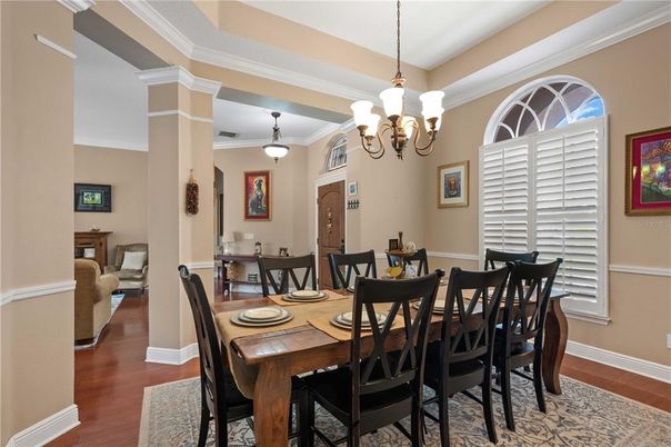 Chandelier, Dining room, Interior, Pendant Lights, Wood Texture Flooring
