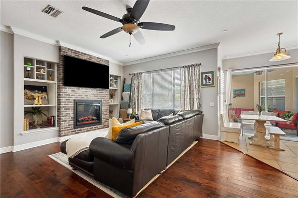Dining room, Fireplace, Interior, Living room, Stone Walls, Wood Texture Flooring