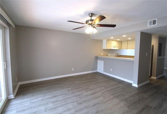 Empty room, Interior, Kitchen, Recessed Lighting, Wood Texture Flooring