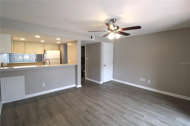 Empty room, Interior, Kitchen, Recessed Lighting, Wood Texture Flooring