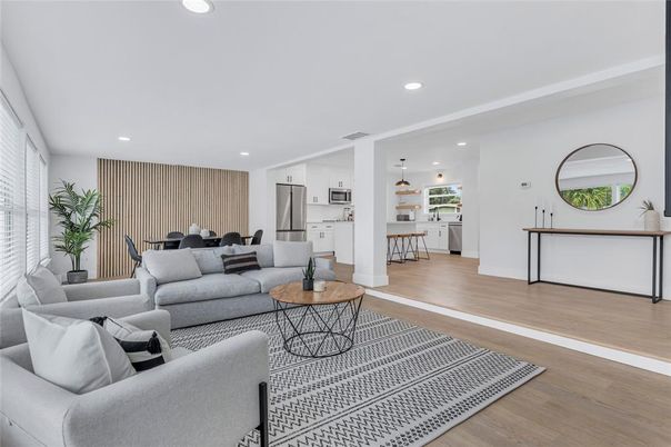 Dining room, Interior, Kitchen, Living room, Pendant Lights, Recessed Lighting, Wood Texture Flooring