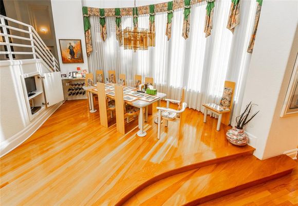 Dining room, Interior, Pendant Lights, Wood Texture Flooring