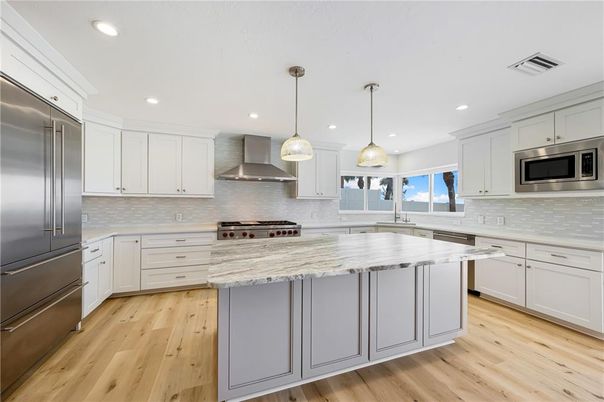 Interior, Kitchen, Pendant Lights, Recessed Lighting, Stainless Steel Appliances, Wood Texture Flooring