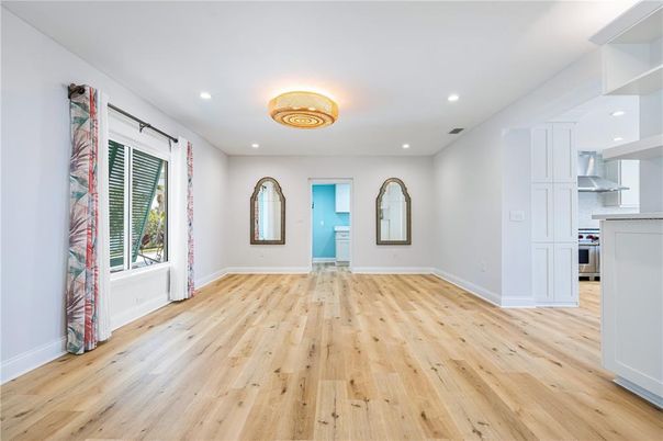 Empty room, Interior, Kitchen, Recessed Lighting, Wood Texture Flooring
