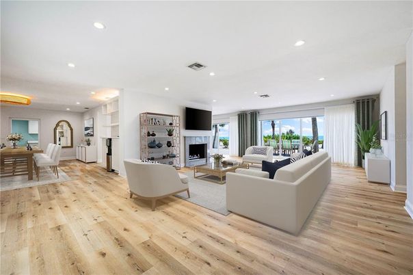 Dining room, Fireplace, Interior, Living room, Recessed Lighting, Wood Texture Flooring
