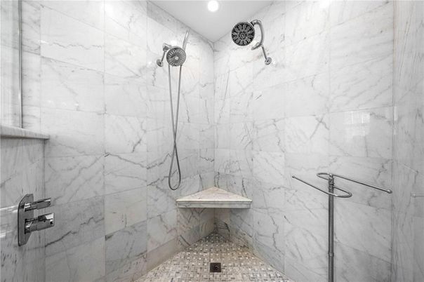 Bathroom, Glass Shower, Interior, Marble Walls, Recessed Lighting
