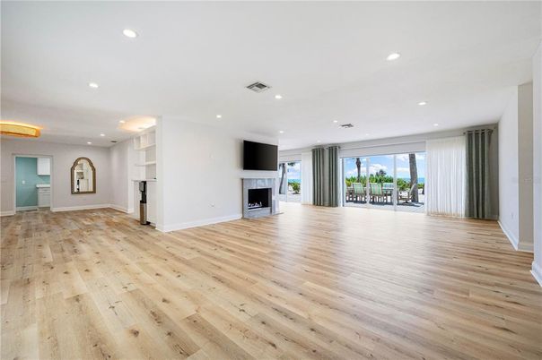 Empty room, Fireplace, Interior, Recessed Lighting, Wood Texture Flooring