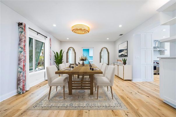 Dining room, Interior, Kitchen, Recessed Lighting, Wood Texture Flooring