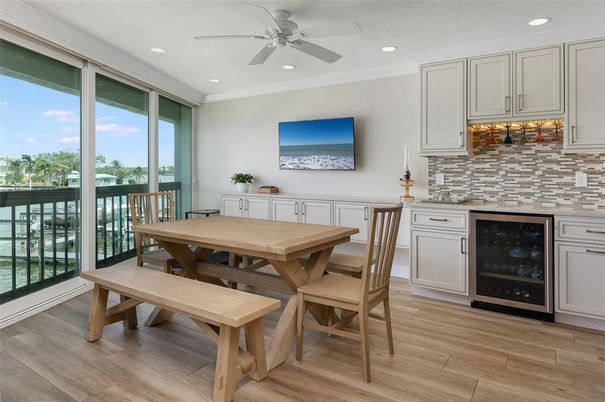 Dining room, Interior, Recessed Lighting, Wood Texture Flooring
