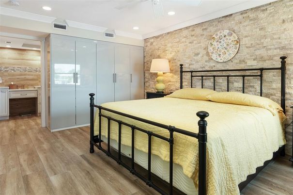 Bedroom, Interior, Recessed Lighting, Stone Walls, Wood Texture Flooring