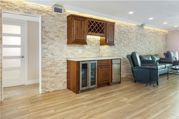 Interior, Recessed Lighting, Stone Walls, Wood Texture Flooring