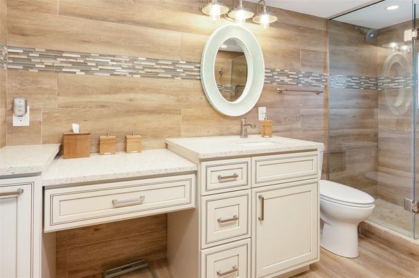 Bathroom, Glass Shower, Interior, Wood Texture Flooring