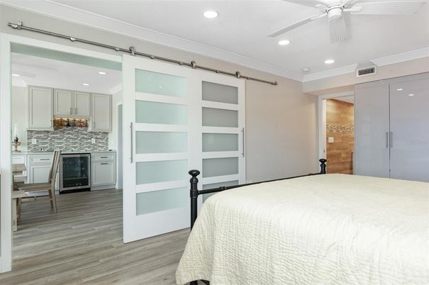 Bedroom, Interior, Recessed Lighting, Wood Texture Flooring