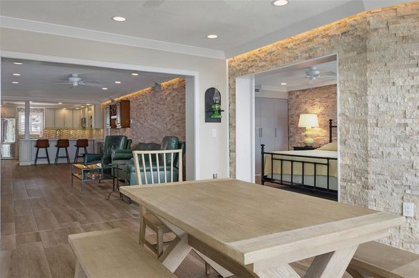 Dining room, Interior, Recessed Lighting, Stone Walls, Wood Texture Flooring