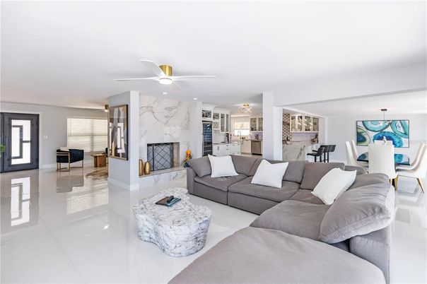 Dining room, Fireplace, Interior, Kitchen, Living room, Marble Walls, Recessed Lighting