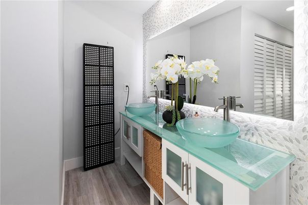 Bathroom, Dual Sink Vanities, Interior, Tile Countertops, Wood Texture Flooring