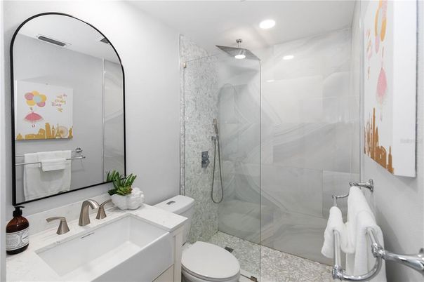 Bathroom, Glass Shower, Interior, Marble Walls, Recessed Lighting