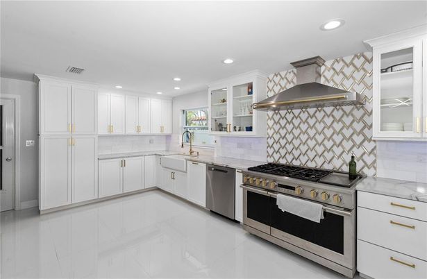 Interior, Kitchen, Marble, Recessed Lighting, Stainless Steel Appliances