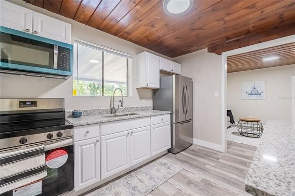 Interior, Kitchen, Stainless Steel Appliances, Wooden Ceilings, Wood Texture Flooring