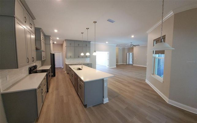 Interior, Kitchen, Pendant Lights, Recessed Lighting, Wood Texture Flooring