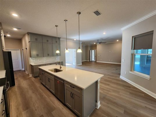 Interior, Kitchen, Pendant Lights, Recessed Lighting, Wood Texture Flooring