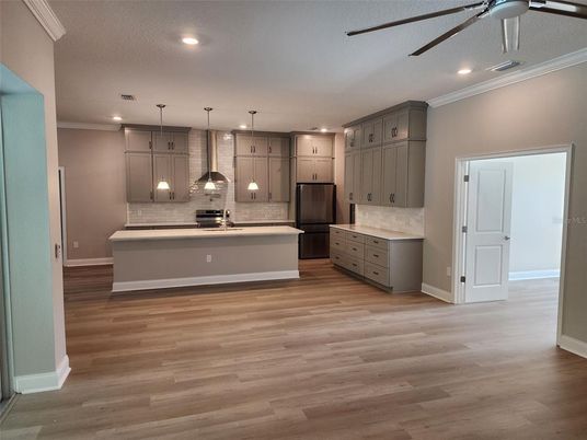 Interior, Kitchen, Pendant Lights, Recessed Lighting, Stainless Steel Appliances, Wood Texture Flooring