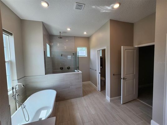Bathroom, Glass Shower, Interior, Recessed Lighting, Wood Texture Flooring