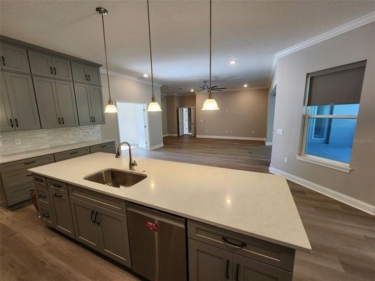 Interior, Kitchen, Pendant Lights, Recessed Lighting, Wood Texture Flooring