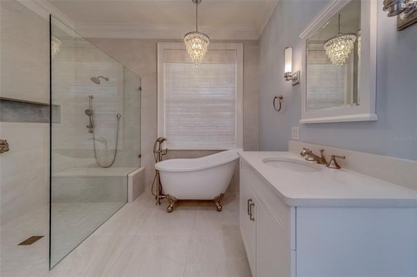 Bathroom, Chandelier, Dual Sink Vanities, Free Standing Baths, Glass Shower, Interior, Marble