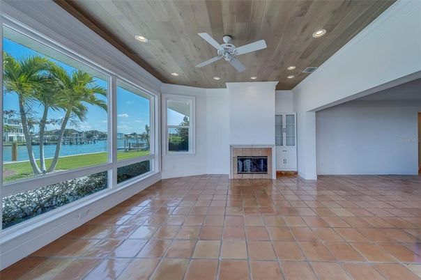 Empty room, Fireplace, Interior, Recessed Lighting, Water, Wooden Ceilings