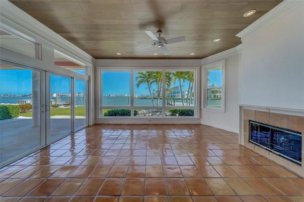 Empty room, Fireplace, Interior, Recessed Lighting, Wooden Ceilings