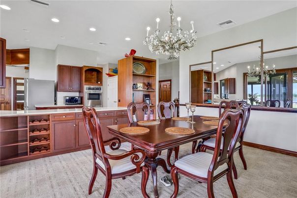 Chandelier, Dining room, Interior, Kitchen, Recessed Lighting, Stainless Steel Appliances