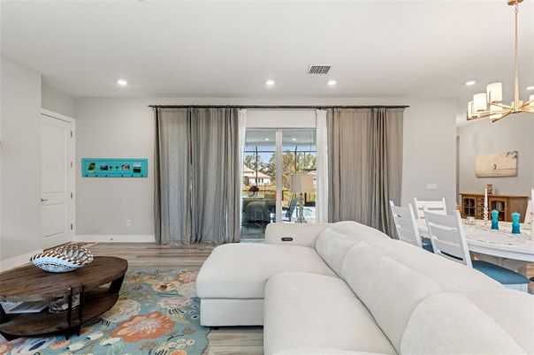 Dining room, Interior, Living room, Pendant Lights, Recessed Lighting, Wood Texture Flooring