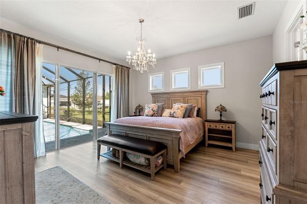 Bedroom, Chandelier, Interior, Wood Texture Flooring