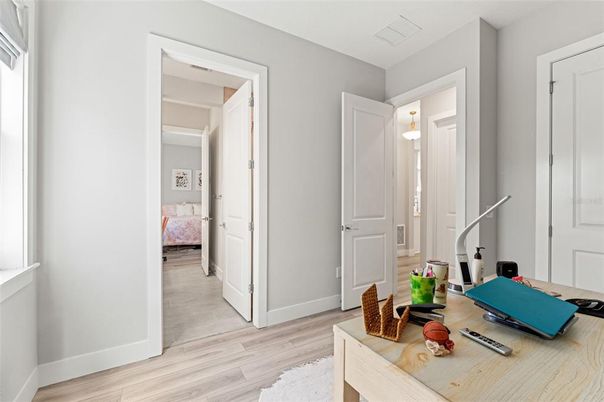 Bedroom, Home Office, Interior, Pendant Lights, Wood Texture Flooring