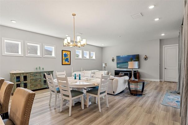 Dining room, Interior, Living room, Pendant Lights, Recessed Lighting, Wood Texture Flooring