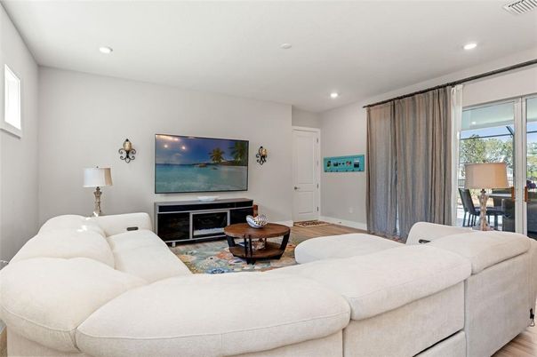 Fireplace, Interior, Living room, Recessed Lighting, Wood Texture Flooring