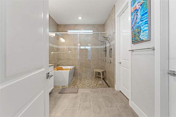 Bathroom, Free Standing Baths, Glass Shower, Interior, Recessed Lighting