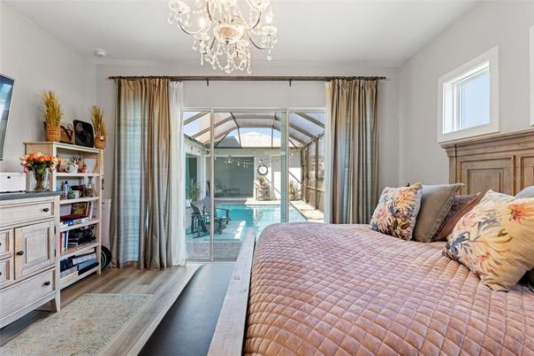 Bedroom, Chandelier, Interior, Wood Texture Flooring