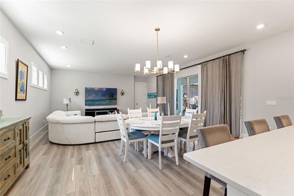 Chandelier, Dining room, Interior, Living room, Pendant Lights, Recessed Lighting, Wood Texture Flooring