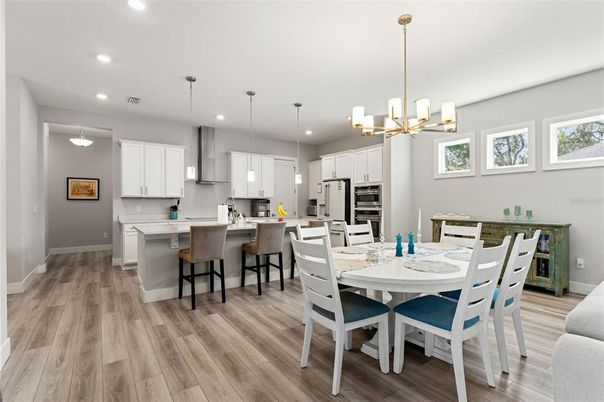 Dining room, Interior, Kitchen, Pendant Lights, Recessed Lighting, Stainless Steel Appliances, Wood Texture Flooring
