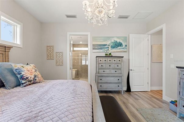 Bedroom, Chandelier, Interior, Wood Texture Flooring