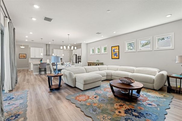 Dining room, Interior, Kitchen, Living room, Pendant Lights, Recessed Lighting, Wood Texture Flooring