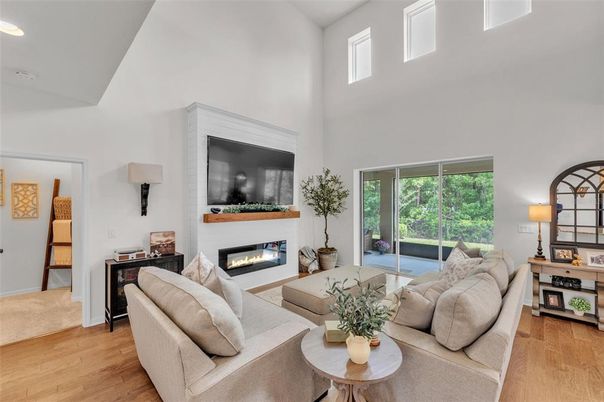 Fireplace, Interior, Living room, Recessed Lighting, Wood Texture Flooring
