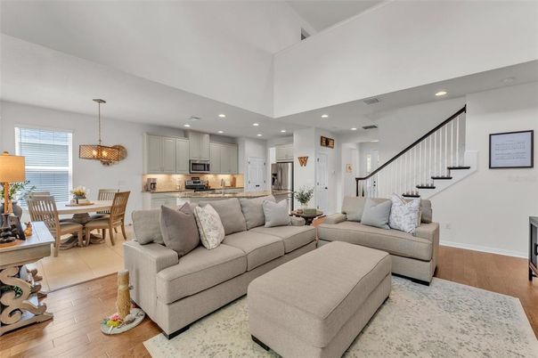 Dining room, Interior, Kitchen, Living room, Pendant Lights, Recessed Lighting, Stainless Steel Appliances, Wood Texture Flooring