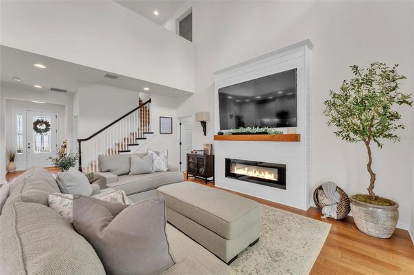 Fireplace, Interior, Living room, Recessed Lighting, Wood Texture Flooring