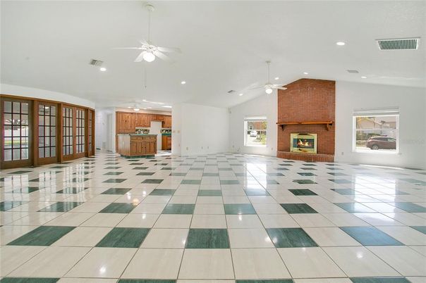 Empty room, Fireplace, Interior, Kitchen, Recessed Lighting, Stone Walls